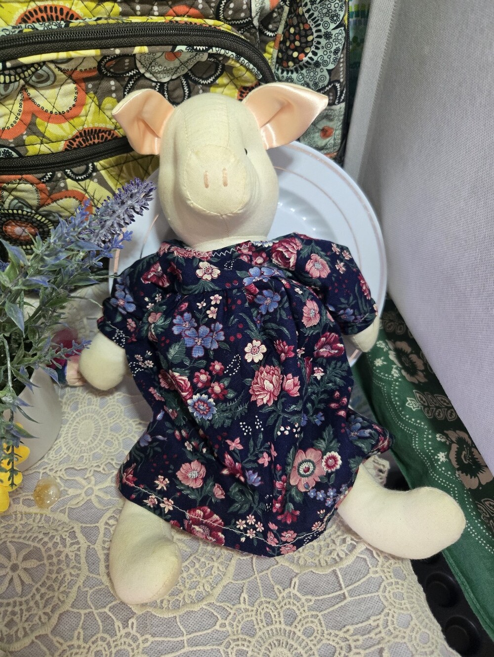 4/$15 Vintage Plush Pig Stuffed Animal 12" Floral Dress Grandmacore Cottagecore